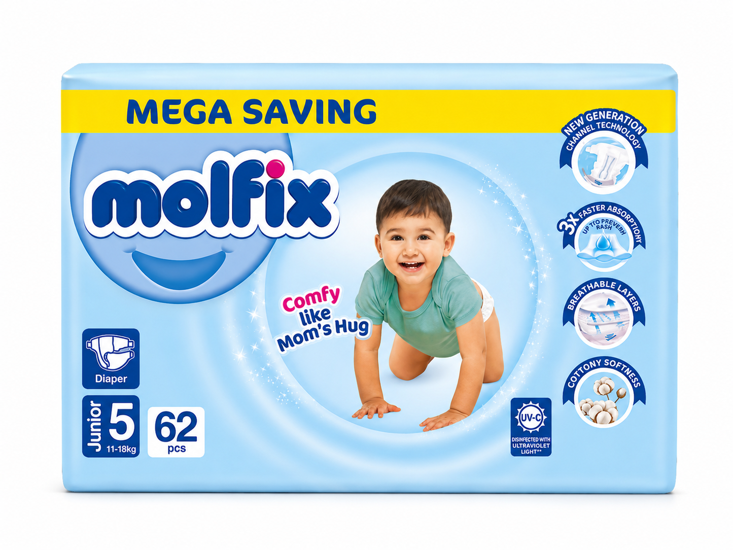 Molfix Baby Diaper Mega Saving Junior Size 5 (11-18kg) – 62 Pcs